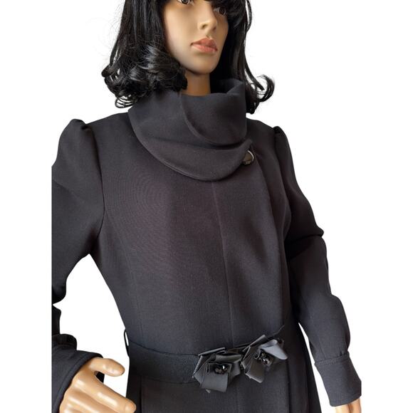 H&M Black dress coat rounded fold over collar with flower belt 12 - Picture 7 of 17